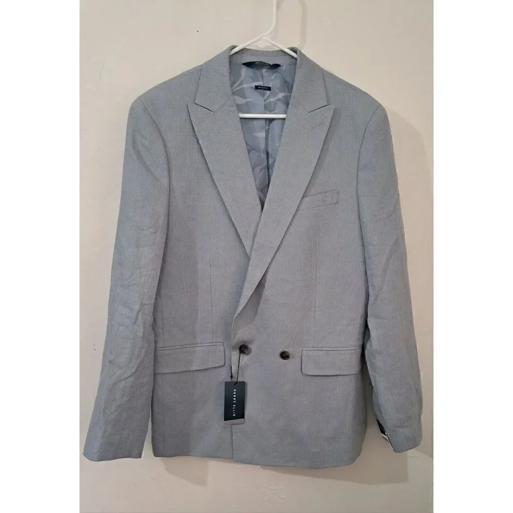Perry Ellis Mens 40R Blazer Jacket Blue Gray cotton Spring Summer Lightweight